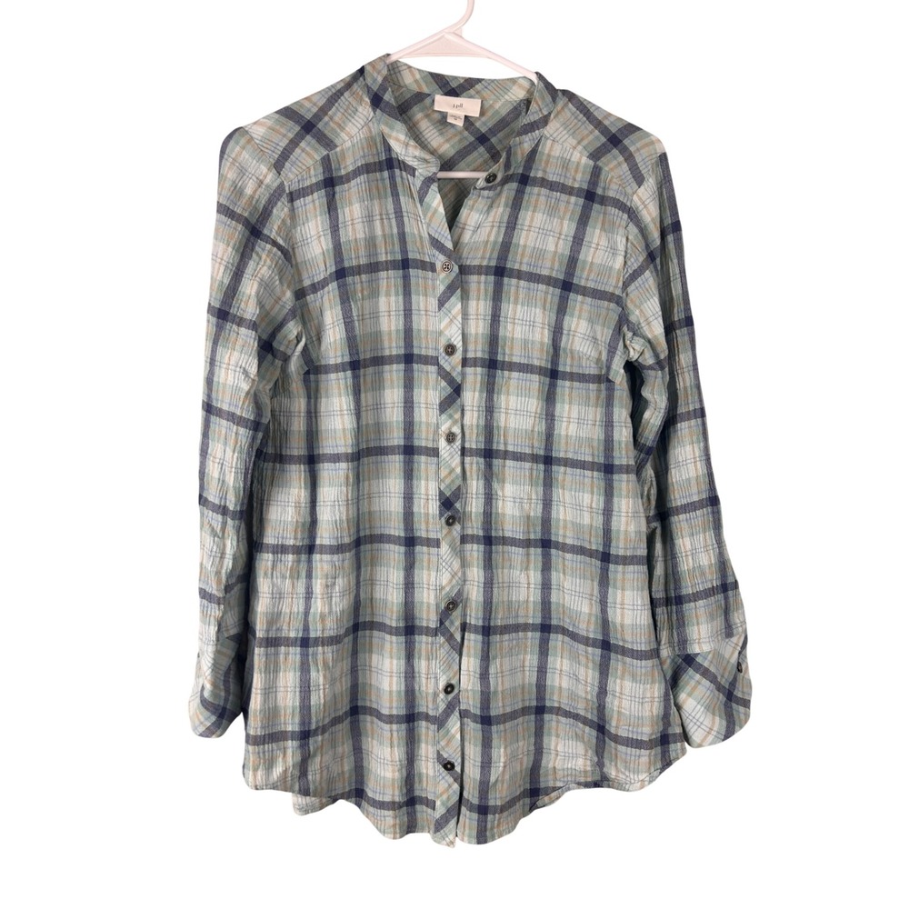 J. Jill Blue Green Plaid Cotton Rayon Gauze Button Down Tunic Shirt XS